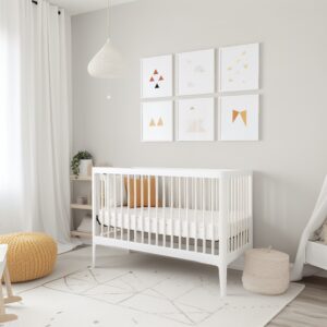 Modern minimalist nursery room in scandinavian style. Baby room interior in light colours, AI generated image