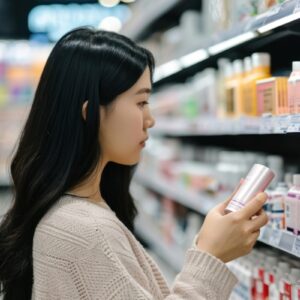 Asian american woman supermarket cosmetics buying.