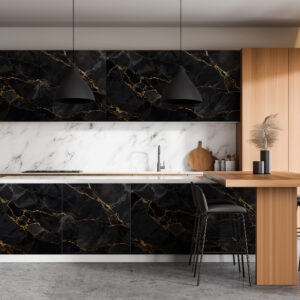 Interior,Of,Luxury,Kitchen,With,White,,Marble,And,Wooden,Walls,